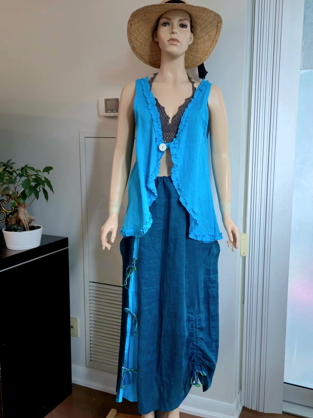 Hand Crafted Linen Turquoise & Teal Women Maxi 3/pis Set Size S/M